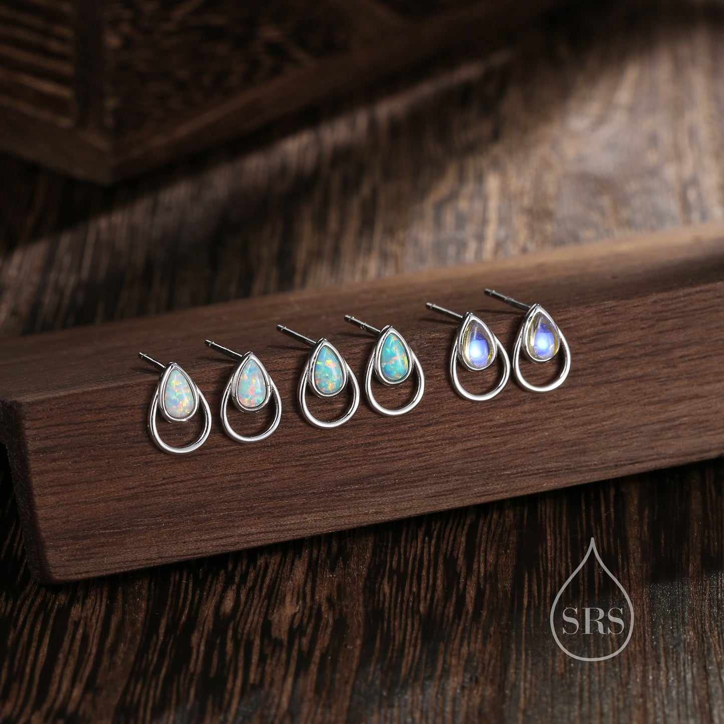 Aqua Green Opal Droplet Stud Earrings in Sterling Silver, Silver or Gold, Lab Opal Earrings, Double Droplet Stud, Pear Opal