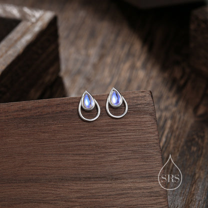 Moonstone Droplet Stud Earrings in Sterling Silver, Silver or Gold, Lab Moonstone Earrings, Double Droplet Stud, Pear Moonstone