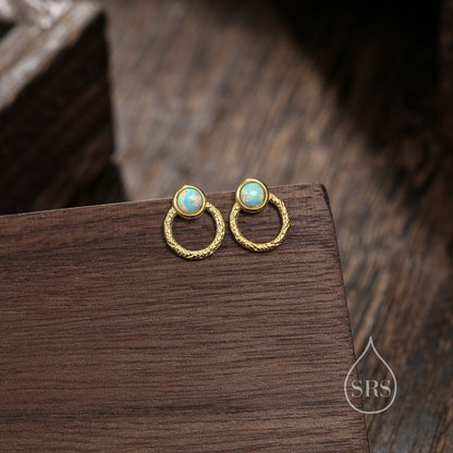 Aqua Green Opal Double Circle Stud Earrings in Sterling Silver, Silver or Gold or Rose Gold, Lab Opal Earrings, Double Circle Stud