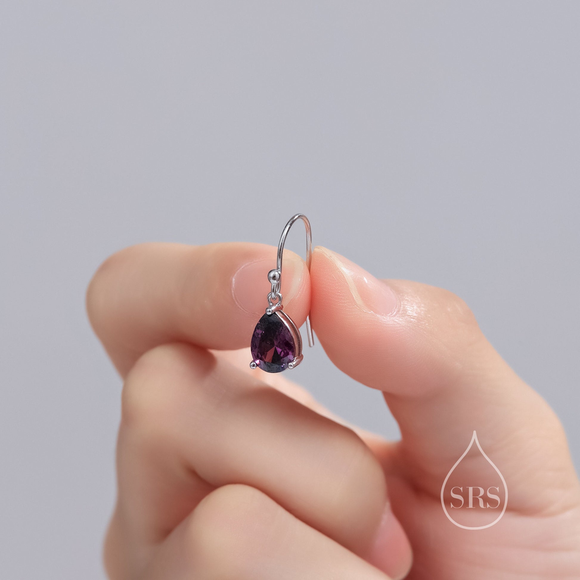 Dark Amethyst Purple Pear Cut CZ Drop Earrings in Sterling Silver, Silver or Gold, Dark Purple Droplet Dangle Earrings