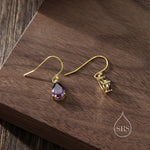 Dark Amethyst Purple Pear Cut CZ Drop Earrings in Sterling Silver, Silver or Gold, Dark Purple Droplet Dangle Earrings