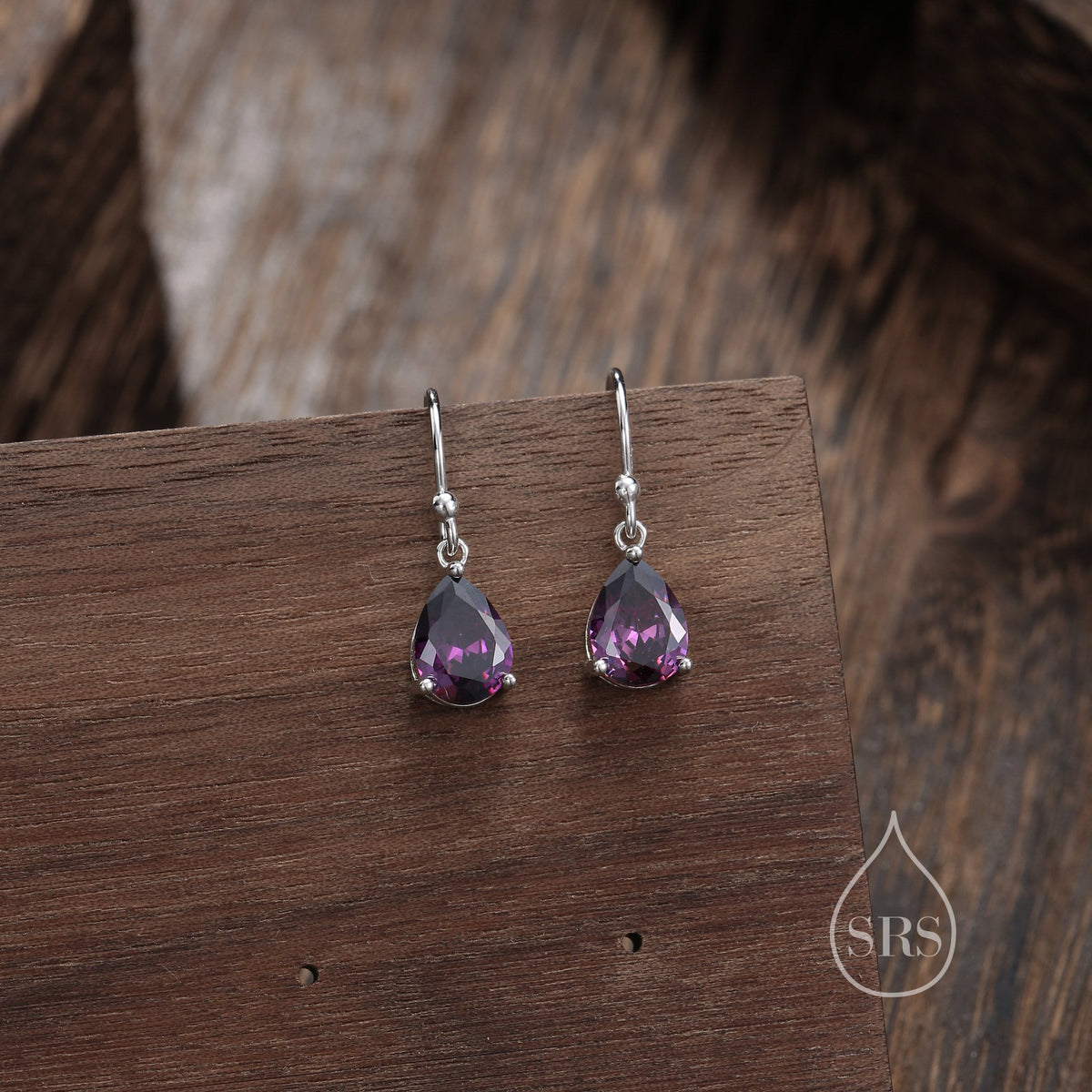 Dark Amethyst Purple Pear Cut CZ Drop Earrings in Sterling Silver, Silver or Gold, Dark Purple Droplet Dangle Earrings
