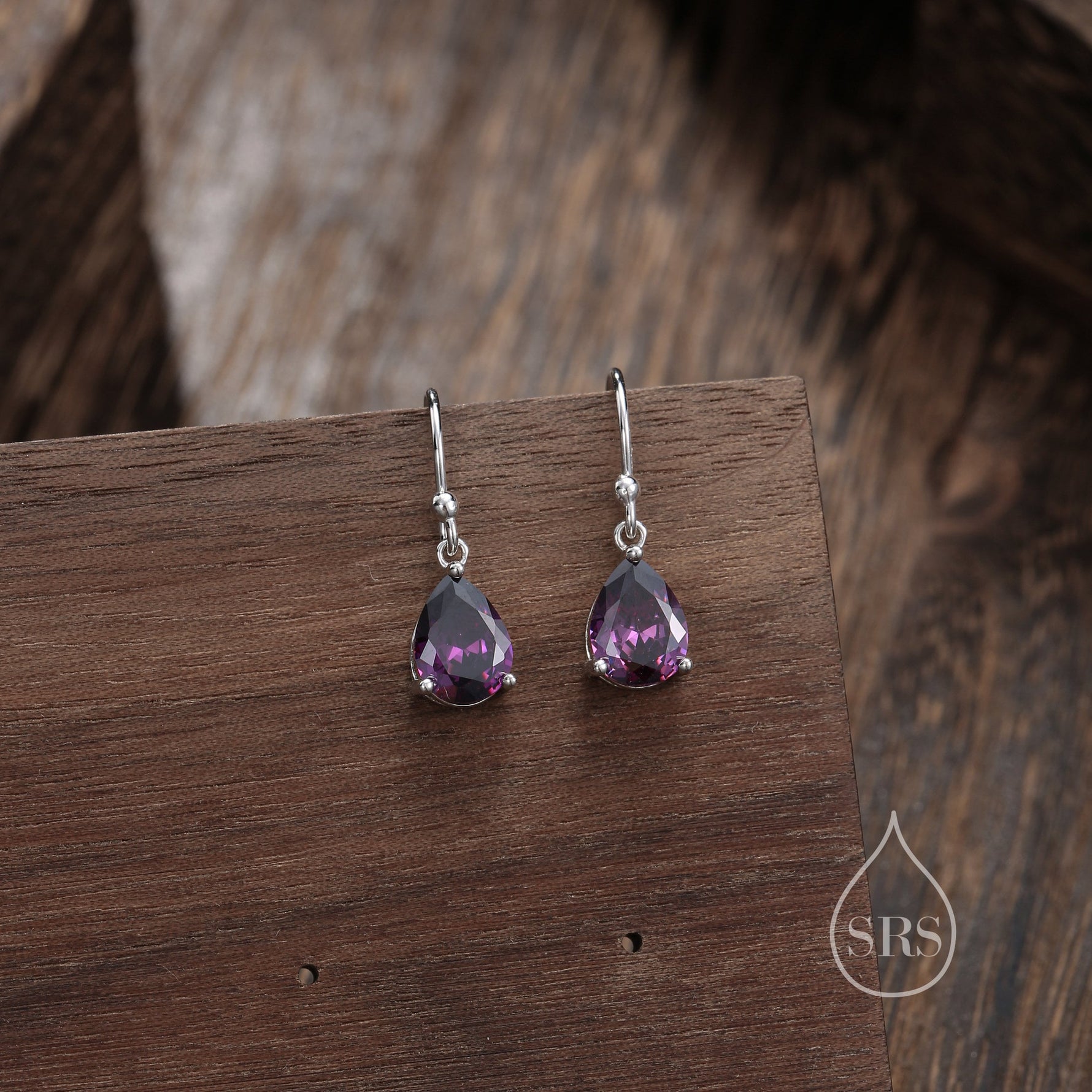 Dark Amethyst Purple Pear Cut CZ Drop Earrings in Sterling Silver, Silver or Gold, Dark Purple Droplet Dangle Earrings