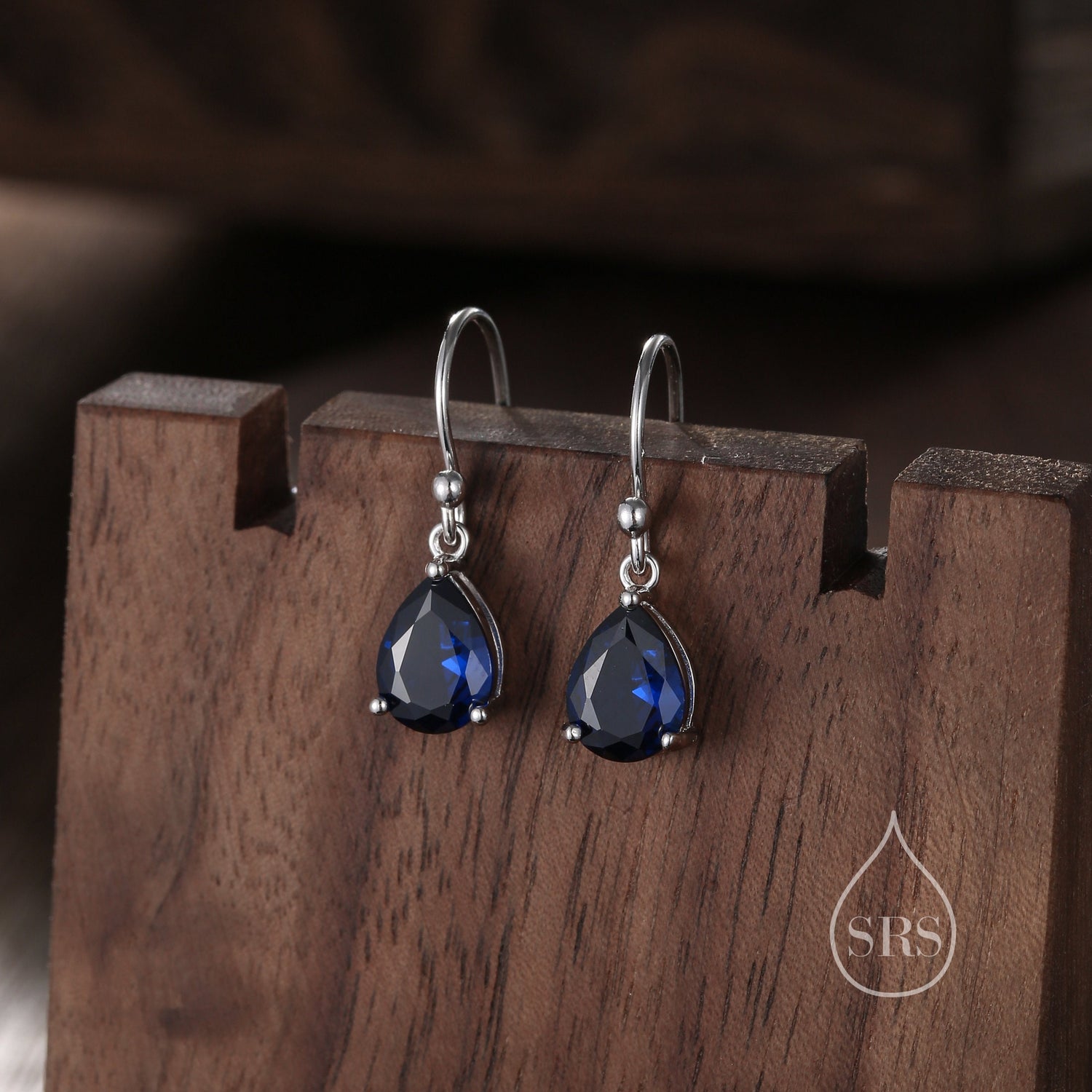 Sapphire Blue Pear Cut CZ Drop Earrings in Sterling Silver, Silver or Gold, Blue Droplet Dangle Earrings