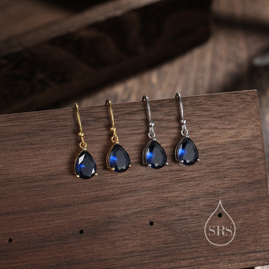 Sapphire Blue Pear Cut CZ Drop Earrings in Sterling Silver, Silver or Gold, Blue Droplet Dangle Earrings