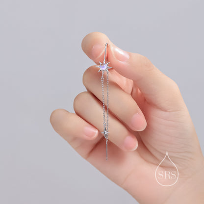 Moonstone Starburst and Star U Shape Threader Earrings in Sterling Silver, Silver or Gold or rose gold , North Star Ear Threaders