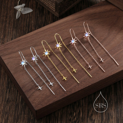 Moonstone Starburst and Star U Shape Threader Earrings in Sterling Silver, Silver or Gold or rose gold , North Star Ear Threaders