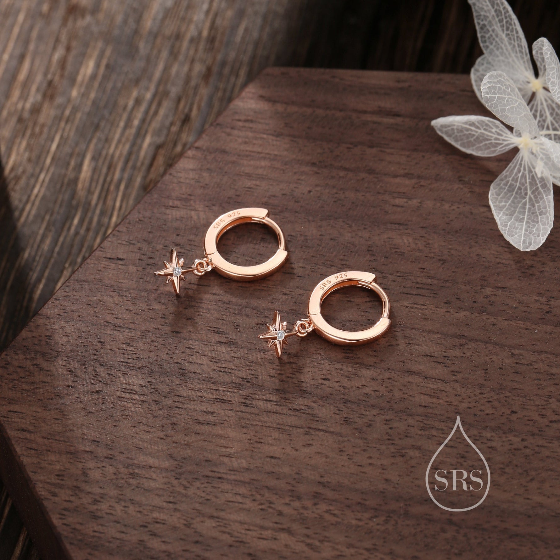 Tiny CZ Starburst Huggie Hoop Earrings in Sterling Silver, Silver, Gold or Rose Gold, North Star Earrings, Sunburst Earrings, Celestial