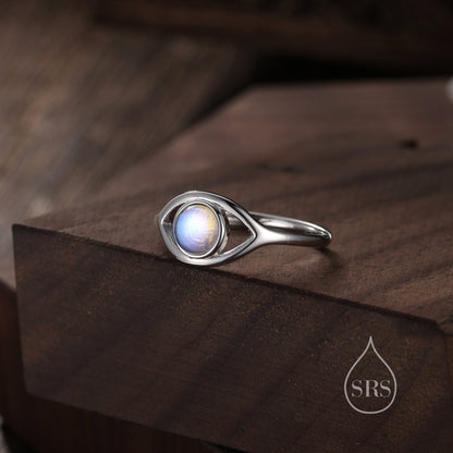 Sterling Silver Moonstone Eye Ring, Simulated Moonstone Evil Eye Ring, Adjustable Size