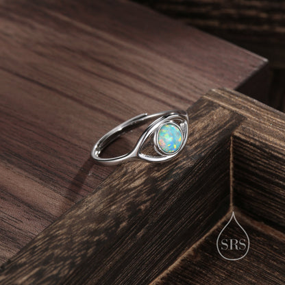 Sterling Silver Aqua Green Opal Eye Ring, Simulated Opal Evil Eye Ring, Adjustable Size