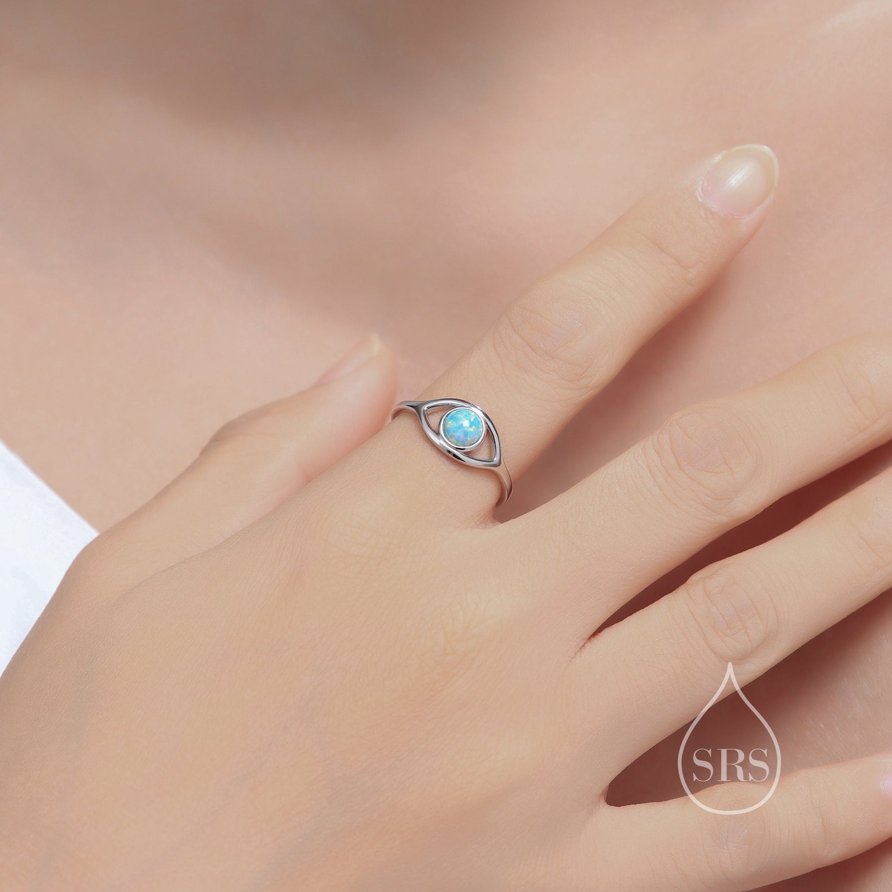 Sterling Silver Aqua Green Opal Eye Ring, Simulated Opal Evil Eye Ring, Adjustable Size