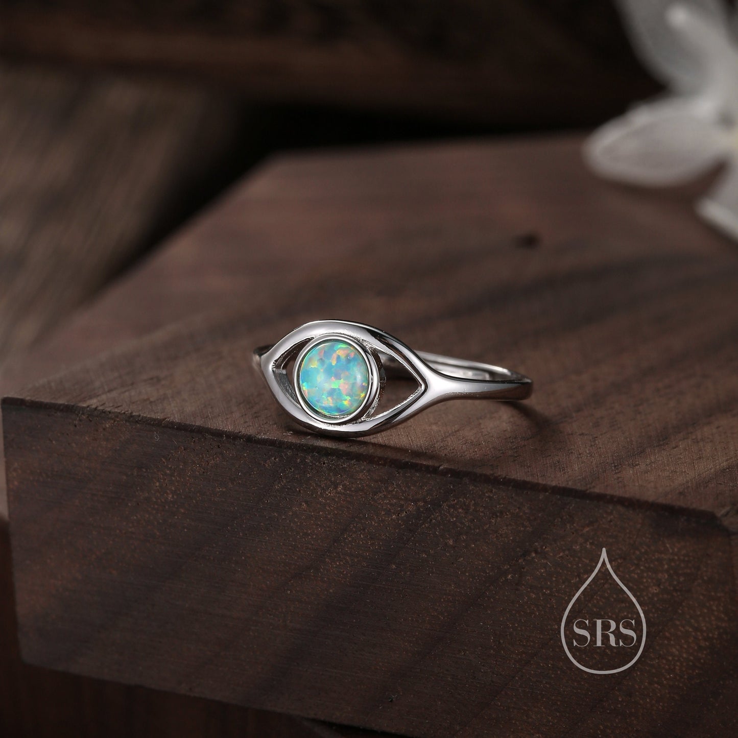 Sterling Silver Aqua Green Opal Eye Ring, Simulated Opal Evil Eye Ring, Adjustable Size