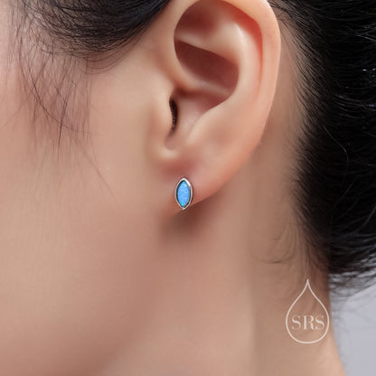 Sterling Silver Aqua Green Opal Marquise Stud Earrings, 3x6mm Marquise Stud, Lab Blue Opal Tiny Earrings, Gold or Silver, Minimalist