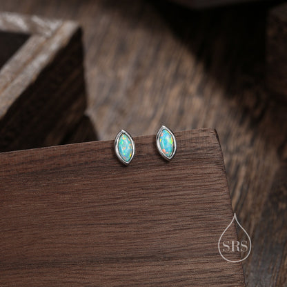 Sterling Silver Aqua Green Opal Marquise Stud Earrings, 3x6mm Marquise Stud, Lab Blue Opal Tiny Earrings, Gold or Silver, Minimalist