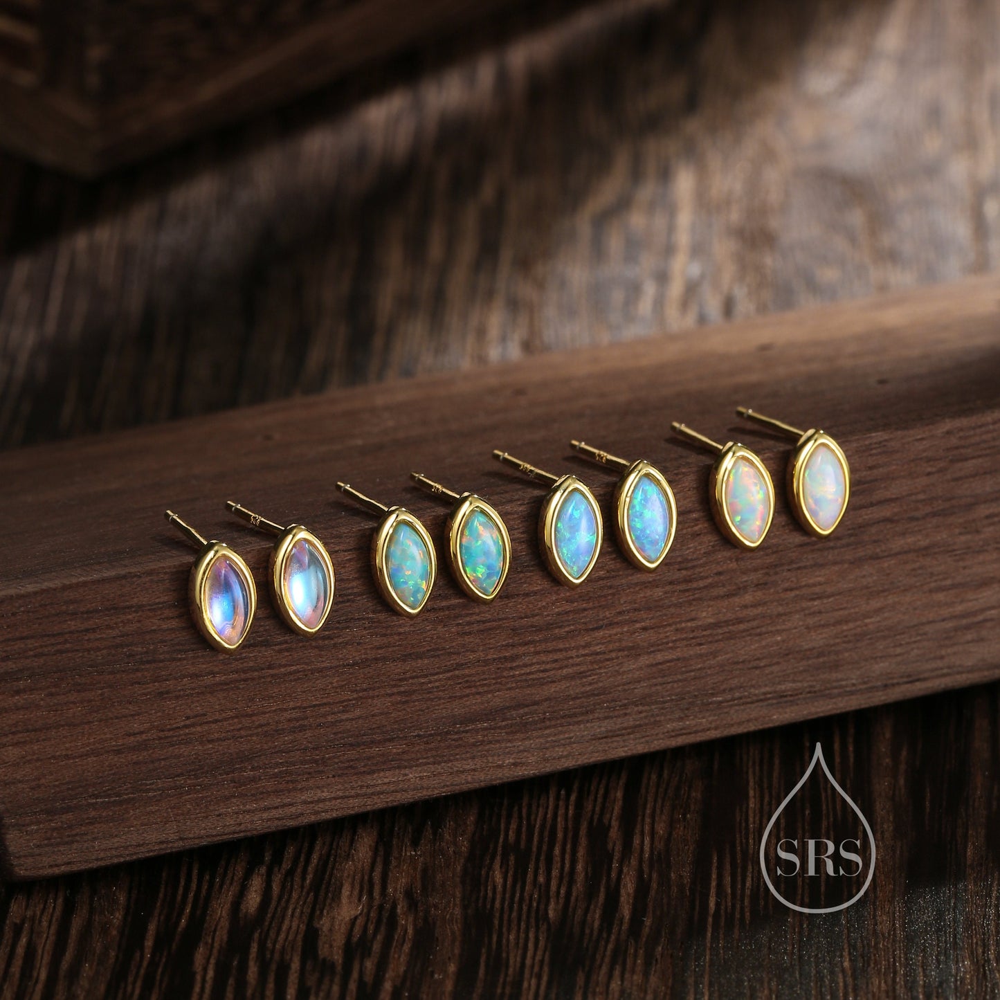 Sterling Silver Aqua Green Opal Marquise Stud Earrings, 3x6mm Marquise Stud, Lab Blue Opal Tiny Earrings, Gold or Silver, Minimalist