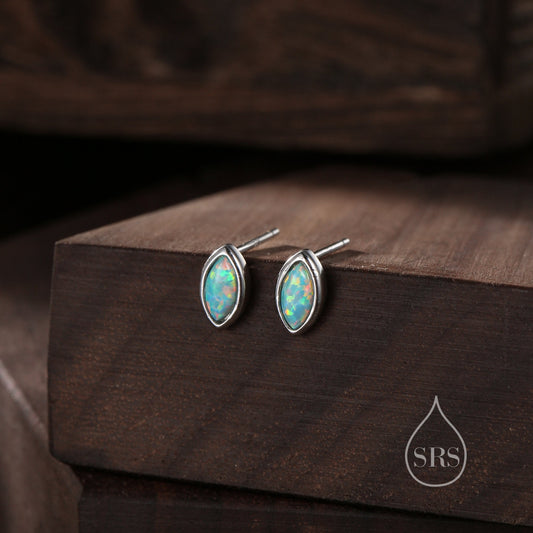 Sterling Silver Aqua Green Opal Marquise Stud Earrings, 3x6mm Marquise Stud, Lab Blue Opal Tiny Earrings, Gold or Silver, Minimalist