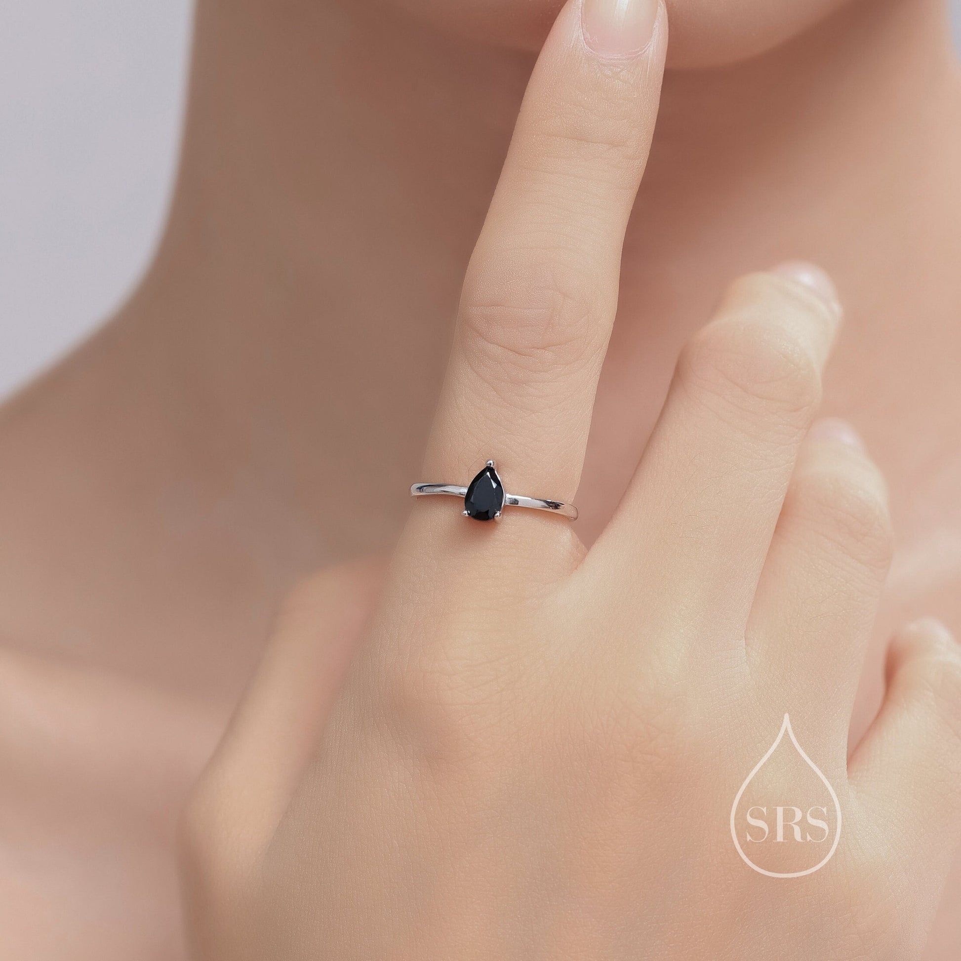 Natural Black Onyx Droplet Ring in Sterling Silver, 4x6mm, Prong Set Pear Cut, Adjustable Size, Genuine Black Onyx Ring