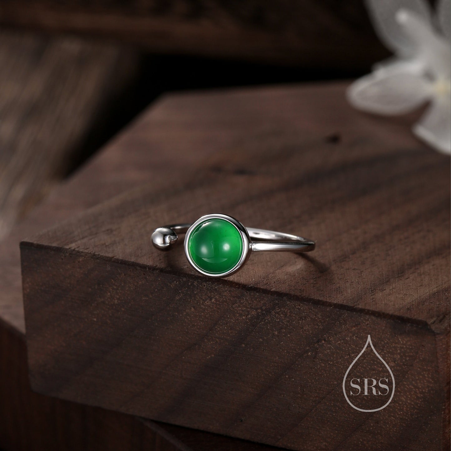 Natural Green Onyx Open Ring in Sterling Silver, 6mm Stone, Bezel Set, Adjustable Size, Green Chalcedony Ring