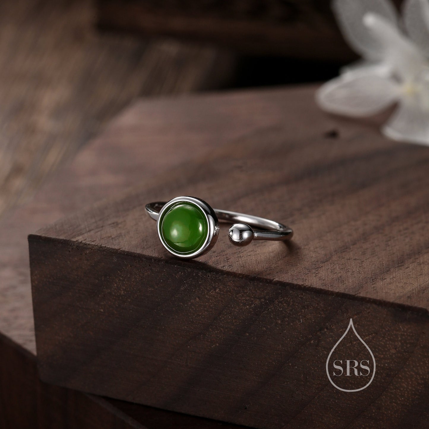 Natural Jasper Jade Open Ring in Sterling Silver, 6mm Stone, Bezel Set, Adjustable Size, Green Jade Ring