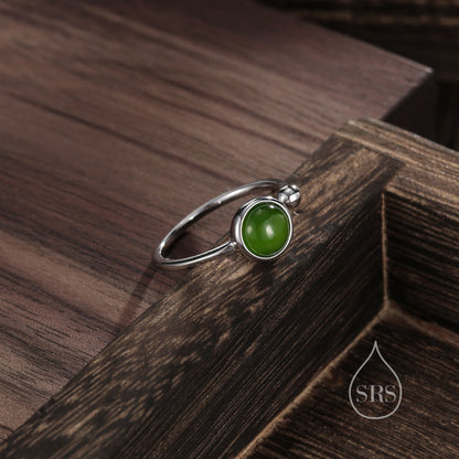 Natural Jasper Jade Open Ring in Sterling Silver, 6mm Stone, Bezel Set, Adjustable Size, Green Jade Ring