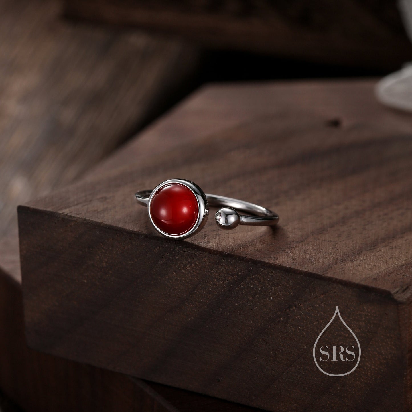 Natural Red Carnelian Open Ring in Sterling Silver, 6mm Red Onyx Stone, Bezel Set, Adjustable Size, Red Chalcedony Ring
