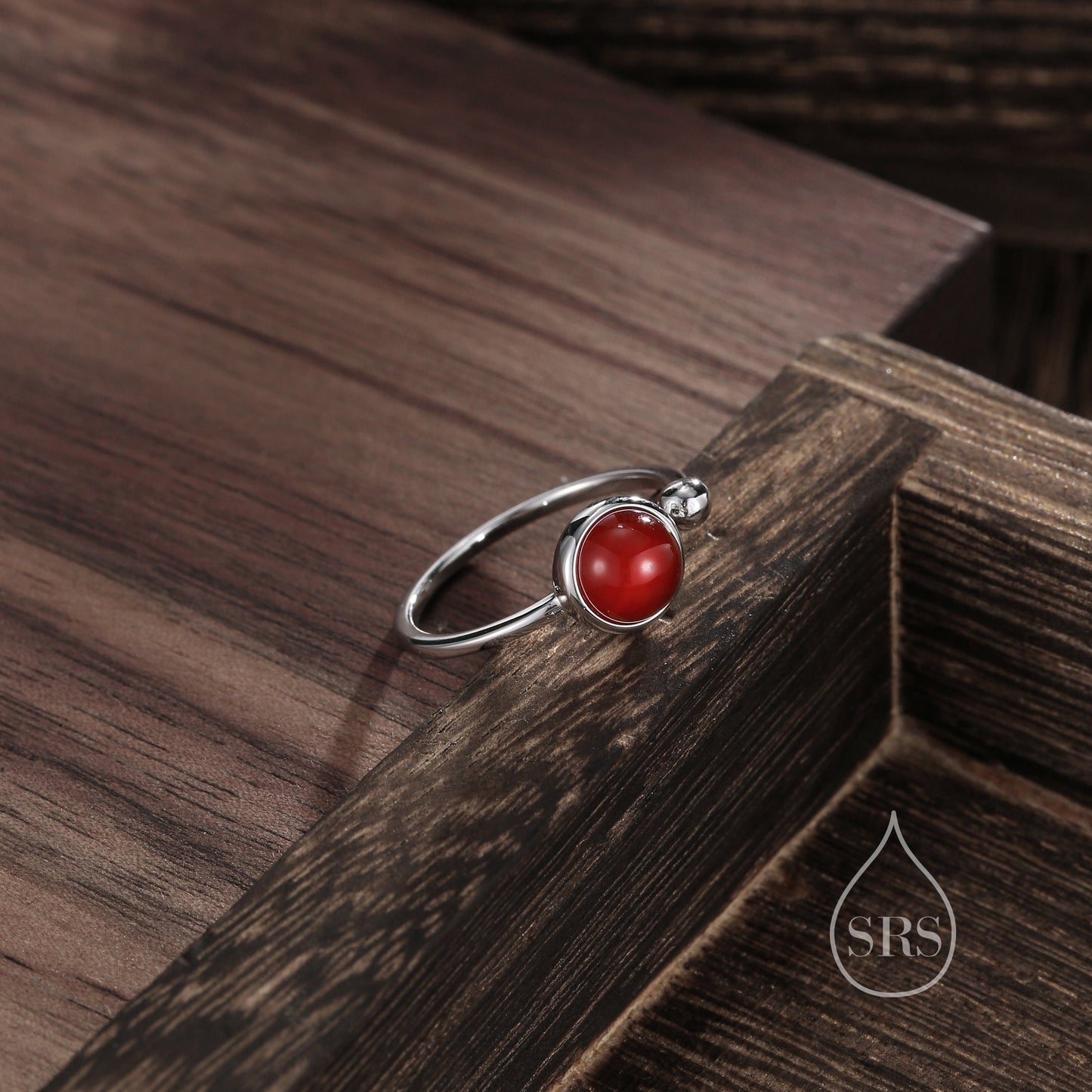 Natural Red Carnelian Open Ring in Sterling Silver, 6mm Red Onyx Stone, Bezel Set, Adjustable Size, Red Chalcedony Ring