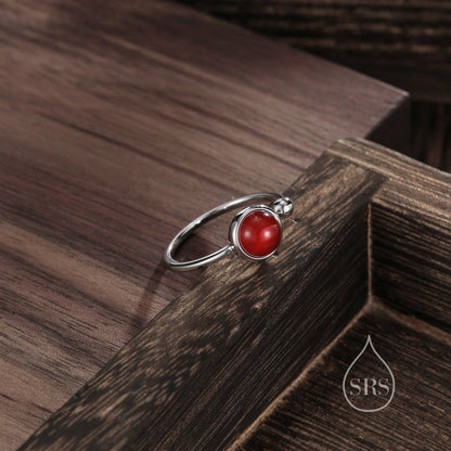 Natural Red Carnelian Open Ring in Sterling Silver, 6mm Red Onyx Stone, Bezel Set, Adjustable Size, Red Chalcedony Ring