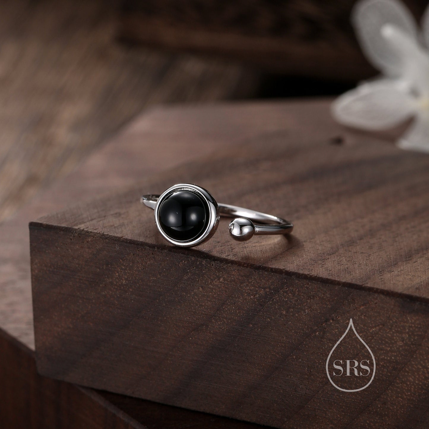 Natural Black Onyx Open Ring in Sterling Silver, 6mm Genuine Black Onyx Stone RIng, Bezel Set, Adjustable Size