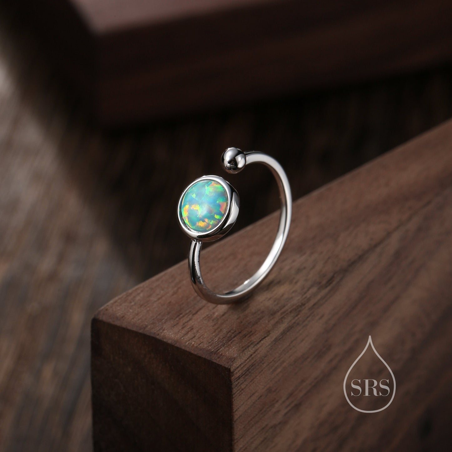 Aqua Green Opal Open Ring in Sterling Silver, 6mm Lab Opal Stone, Bezel Set Simulated Blue Opal Ring, Adjustable Size