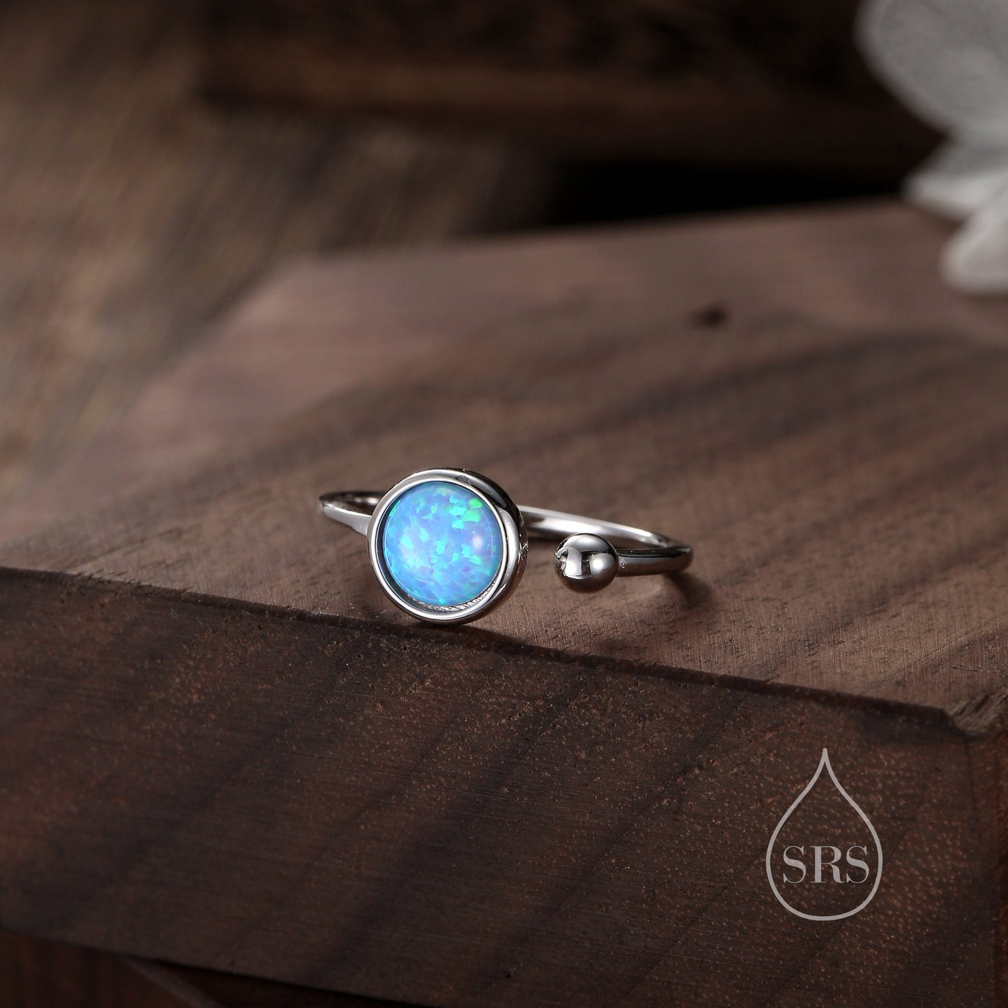 Blue Opal Open Ring in Sterling Silver, 6mm Lab Opal Stone, Bezel Set Simulated Blue Opal Ring, Adjustable Size