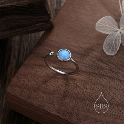 Blue Opal Open Ring in Sterling Silver, 6mm Lab Opal Stone, Bezel Set Simulated Blue Opal Ring, Adjustable Size