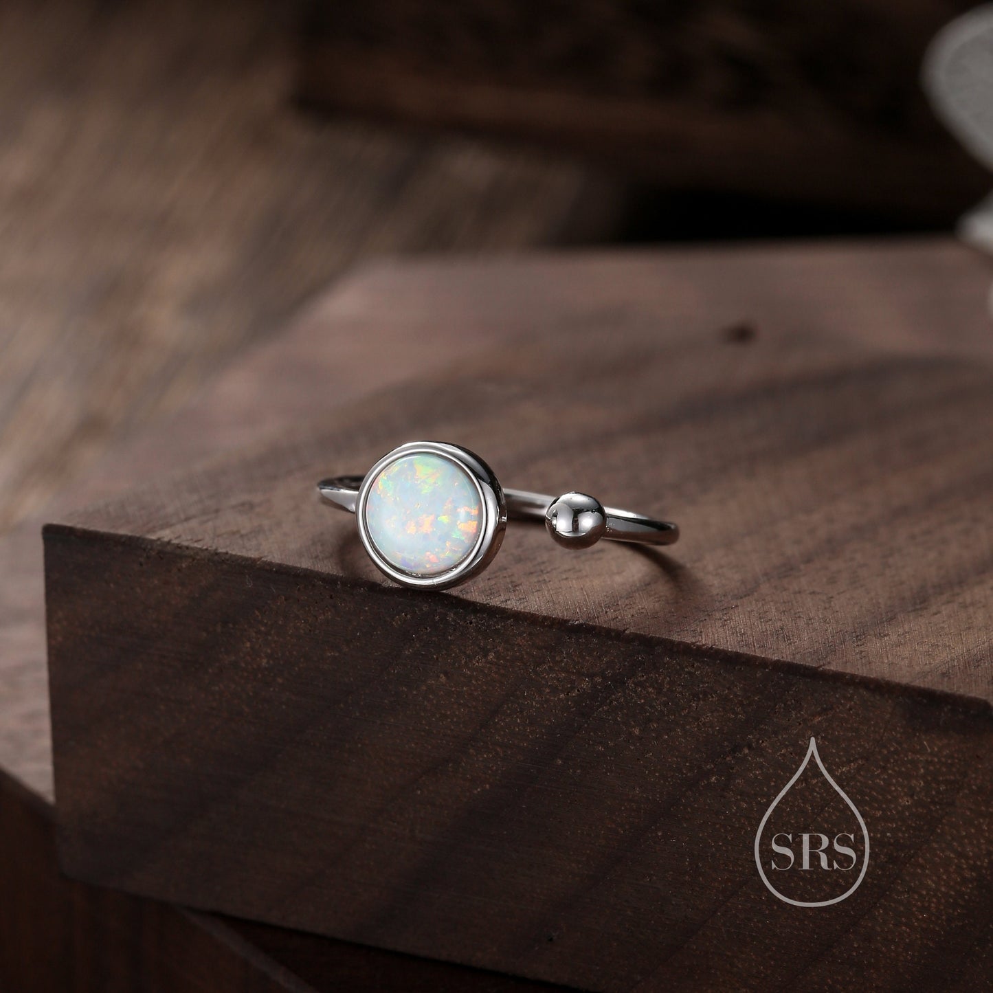 White Opal Open Ring in Sterling Silver, 6mm Lab Opal Stone, Bezel Set Simulated Fire Opal Ring, Adjustable Size