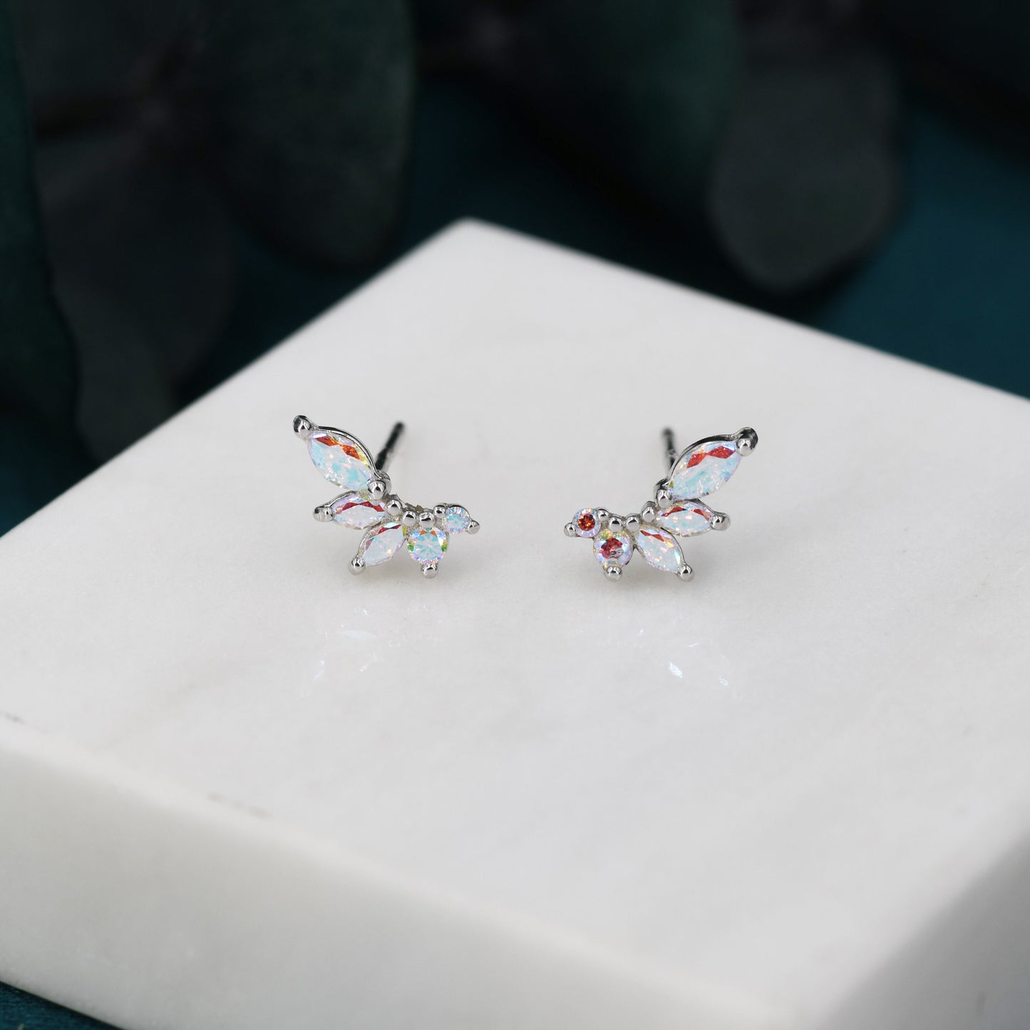 Mystic AB CZ Marquise Cluster Stud Earrings in Sterling Silver, Silver or Gold, Colour Changing Aurora Earrings, CZ Wing Earrings