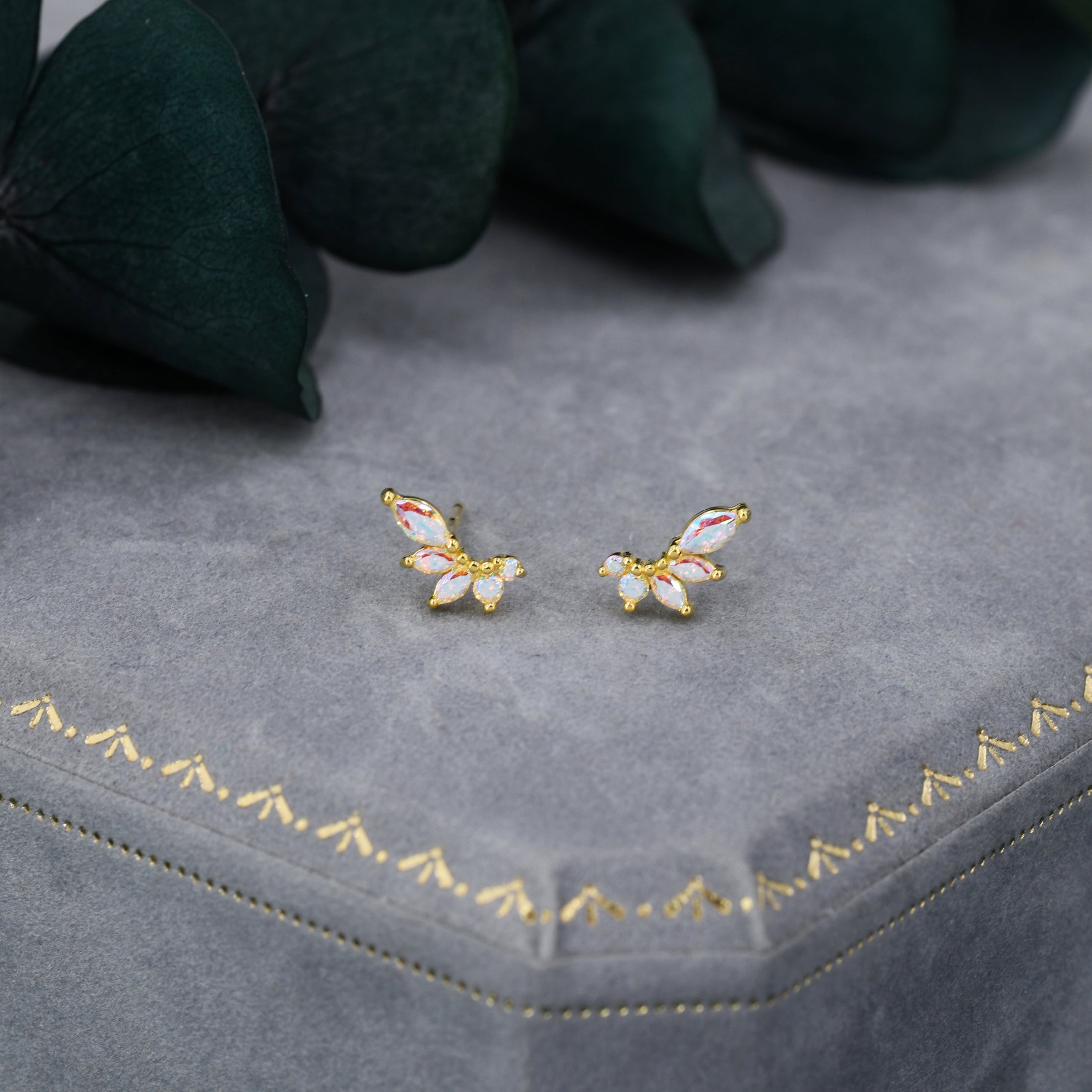 Mystic AB CZ Marquise Cluster Stud Earrings in Sterling Silver, Silver or Gold, Colour Changing Aurora Earrings, CZ Wing Earrings