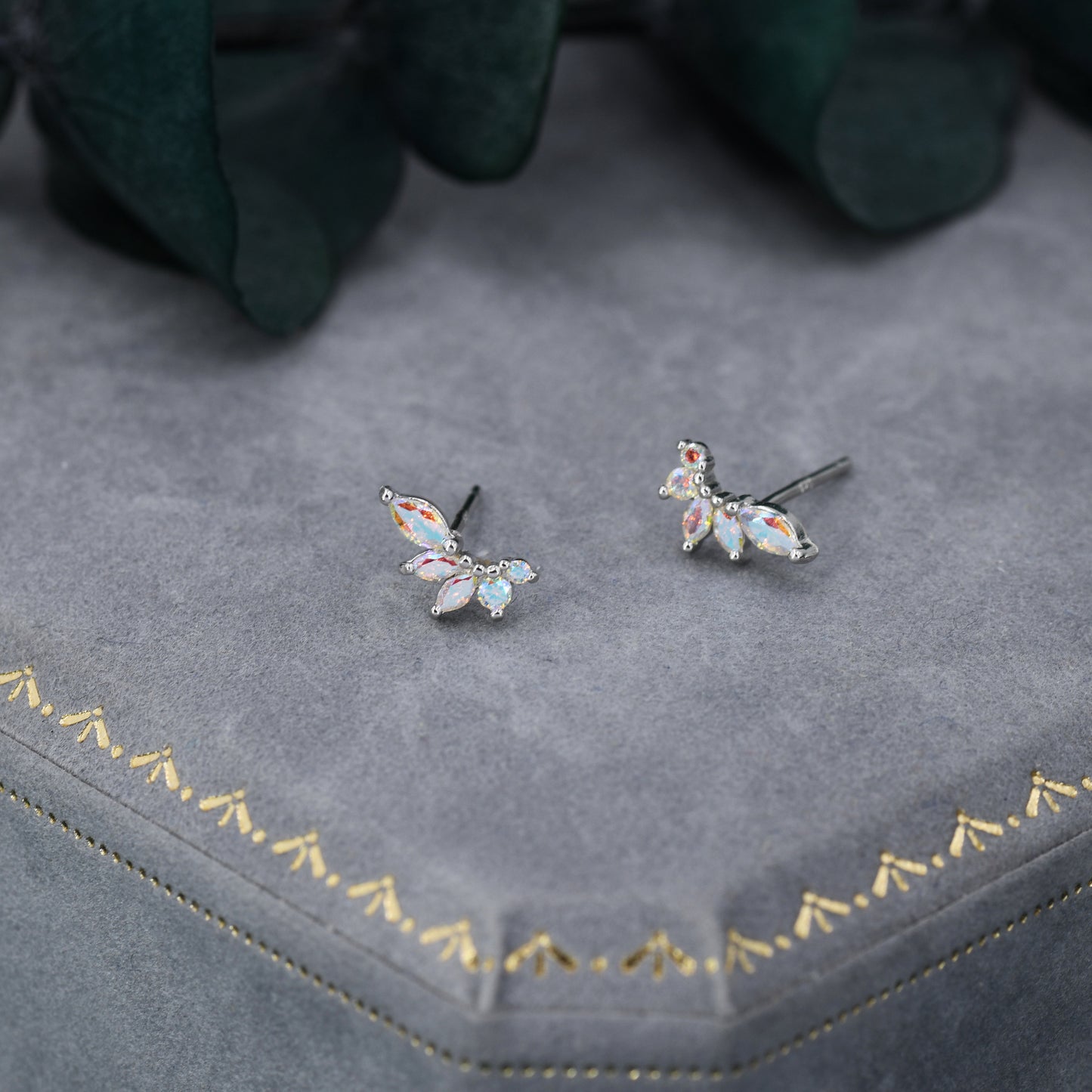 Mystic AB CZ Marquise Cluster Stud Earrings in Sterling Silver, Silver or Gold, Colour Changing Aurora Earrings, CZ Wing Earrings