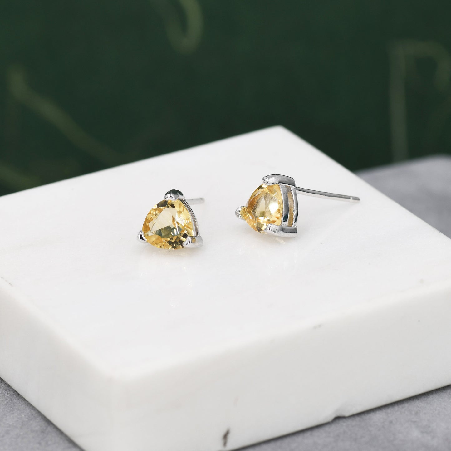 Genuine Yellow Citrine Crystal Stud Earrings in Sterling Silver, Silver or Gold, Trillion Cut 6mm Citrine Earrings