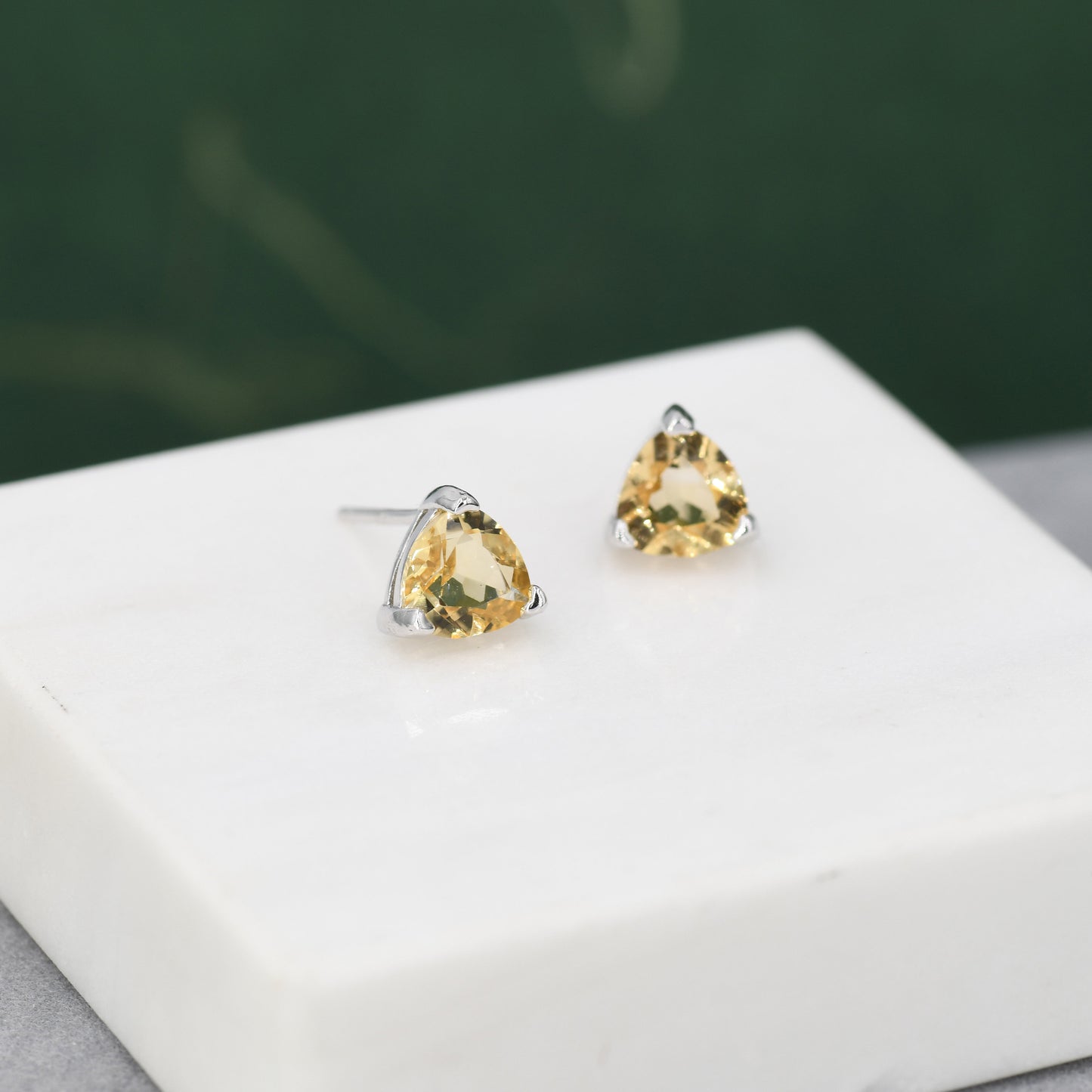 Genuine Yellow Citrine Crystal Stud Earrings in Sterling Silver, Silver or Gold, Trillion Cut 6mm Citrine Earrings