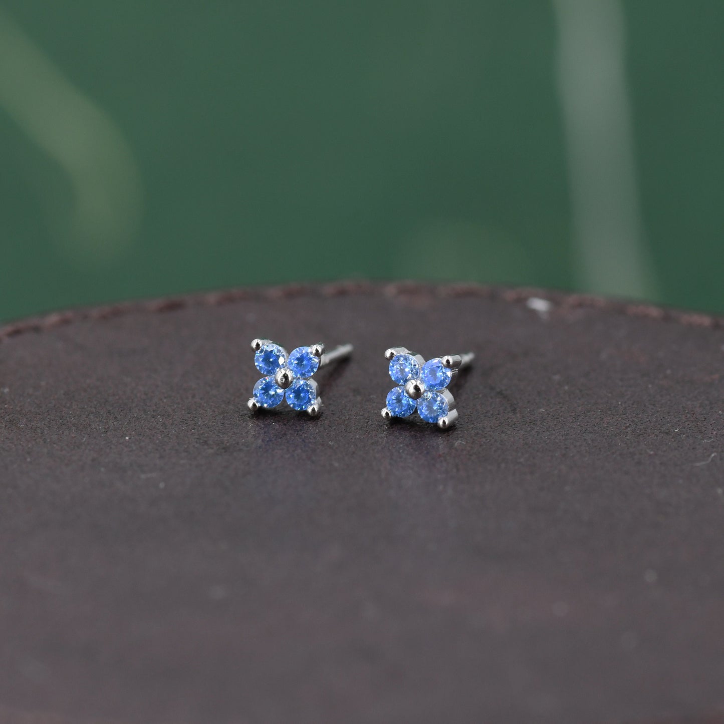 Aquamarine Blue CZ Flower Stud Earrings in Sterling Silver, Crystal Flower Earrings, Blue Hydrangea Four Crystal Stud Earrings, Four CZ