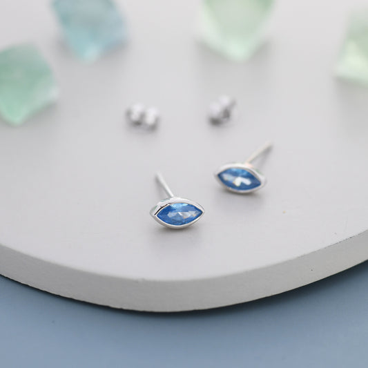 Marquise Aquamarine Blue CZ Stud Earrings in Sterling Silver, Marquise Crystal Earrings, Blue Stud, March Birthstone