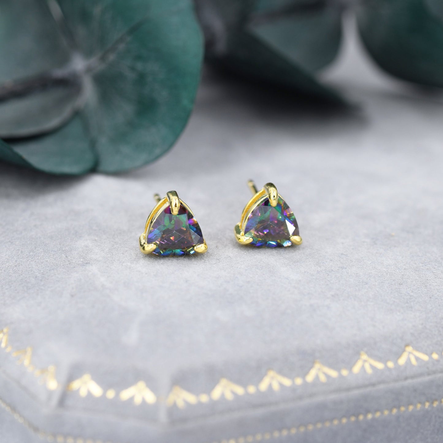 Mystic Topaz Trillion Cut Stud Earrings in Sterling Silver, Gold Coated, 6mm Trillion Cut, Lab Mystic Black Topaz Earrings