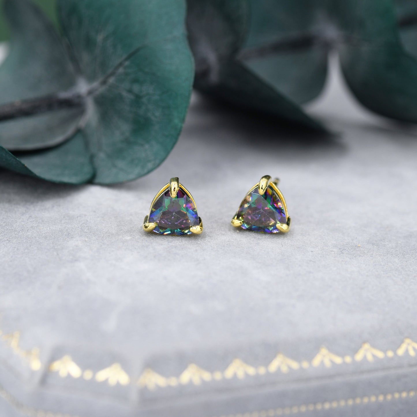 Mystic Topaz Trillion Cut Stud Earrings in Sterling Silver, Gold Coated, 6mm Trillion Cut, Lab Mystic Black Topaz Earrings