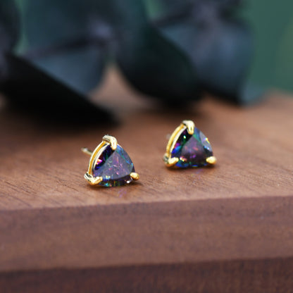 Mystic Topaz Trillion Cut Stud Earrings in Sterling Silver, Gold Coated, 6mm Trillion Cut, Lab Mystic Black Topaz Earrings