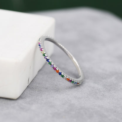 Skinny Rainbow Crystal Pave Ring in Sterling Silver, Gold Vermeil Crystal Pave Ring, Stacking Rings, Eternity Ring, US 5 - 8