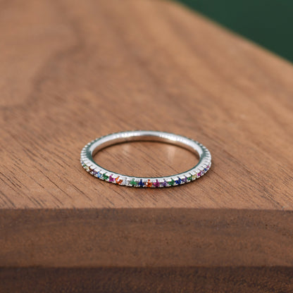 Skinny Rainbow Crystal Pave Ring in Sterling Silver, Gold Vermeil Crystal Pave Ring, Stacking Rings, Eternity Ring, US 5 - 8