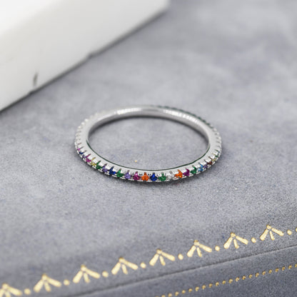 Skinny Rainbow Crystal Pave Ring in Sterling Silver, Gold Vermeil Crystal Pave Ring, Stacking Rings, Eternity Ring, US 5 - 8