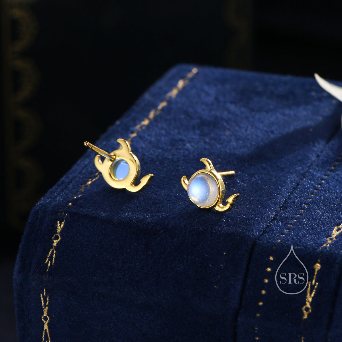 Sterling Silver Little Monster Stud Earrings with Simulated Moonstone, Silver or Gold, Small Monster Earrings, Ghost Earrings