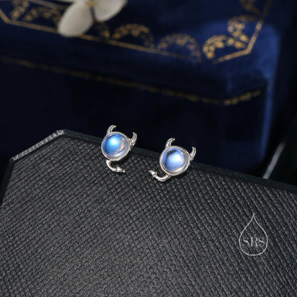 Sterling Silver Little Monster Stud Earrings with Simulated Moonstone, Silver or Gold, Small Monster Earrings, Ghost Earrings