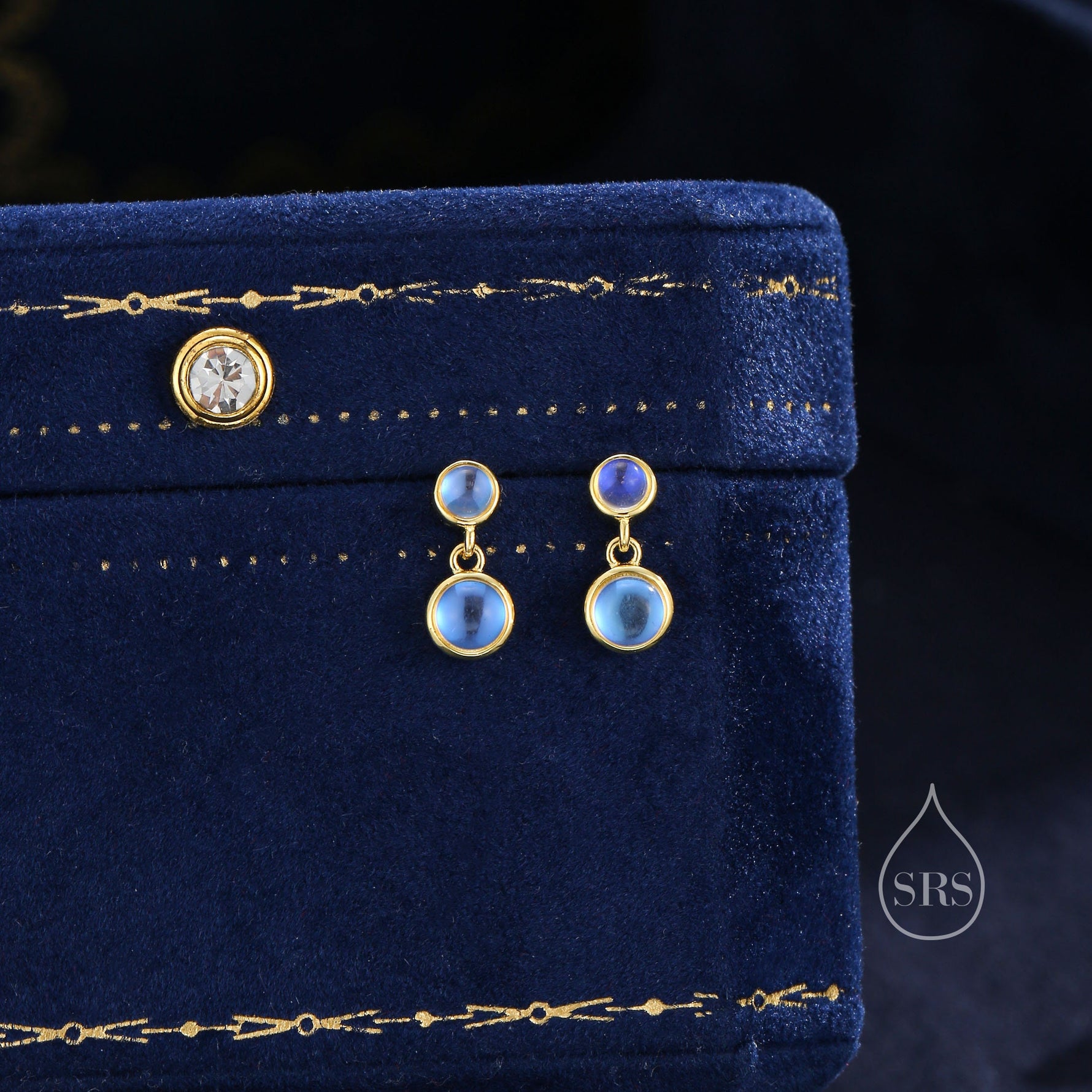 Double Moonstone Dangle Earrings in Sterling Silver, Silver or Gold, Lab Moonstone Bezel Earrings, Two Moonstone Earrings