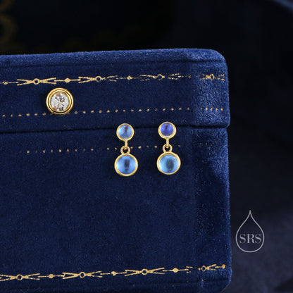 Double Moonstone Dangle Earrings in Sterling Silver,  Silver or Gold, Lab Moonstone Bezel Earrings, Two Moonstone Earrings