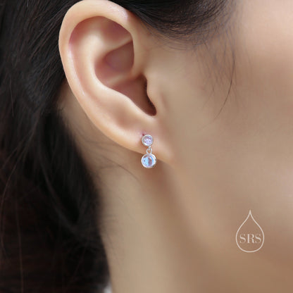 Double Moonstone Dangle Earrings in Sterling Silver,  Silver or Gold, Lab Moonstone Bezel Earrings, Two Moonstone Earrings